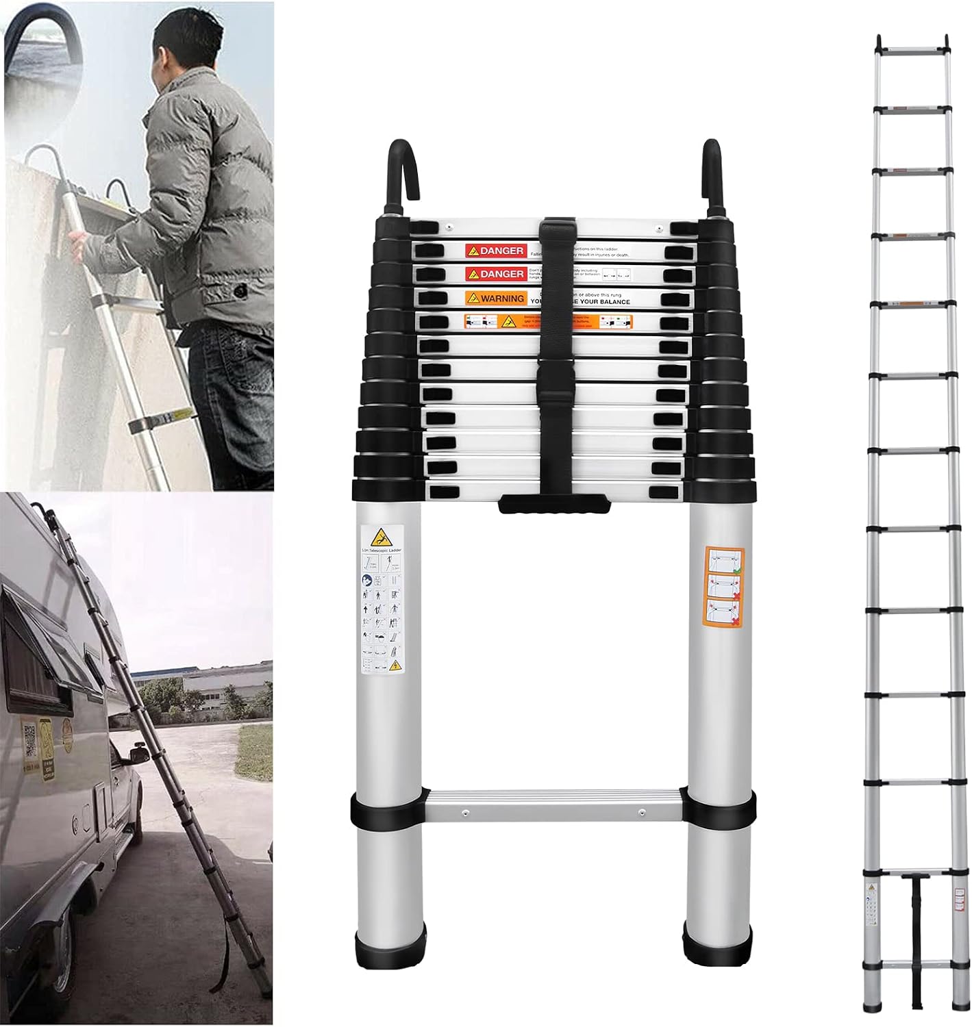 Ladders For Rvs Telescoping Ladder 16FT Aluminum Telescopic Ladder with 2 Detachable ...