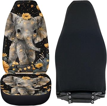 Horeset Elephant Sunflower Print Automobile Seat Cover Sets 2 Pack, Stretchy Vehicle Protector Front Seats Covers Decorative Fit SUV Sedan Truck Van
