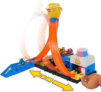 Hot Wheels Toy Car Track Set, Super Police Station Playset with 1:64 Scale Die-Cast Vehicle, Adjustable Loop for Multiple Ways to Race & Stunt, JBM71