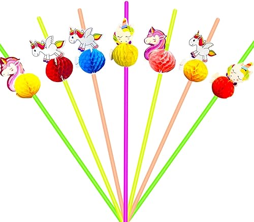 24 popotes de unicornio 3D con diseño de panal tropical hawaiano con temática de playa, pajitas de frutas tropicales para verano, playa, piscina,