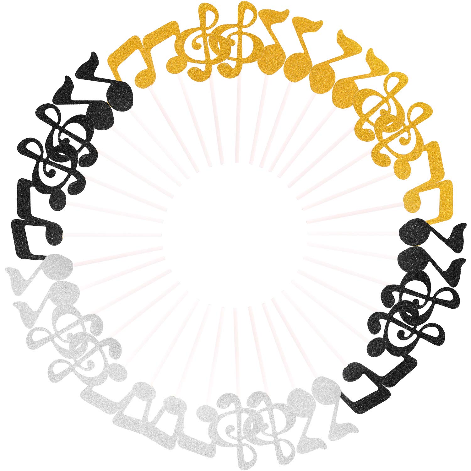 72 Pieces Glitter Music Notes Cupcake Toppers Cake Toppers Picks for Food Fruit and Birthday Party Decoration (Gold, Black, Silver)