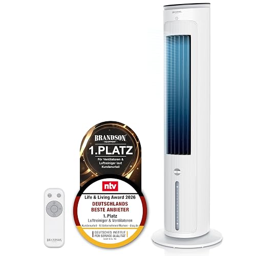Brandson - Turmventilator mit Wasserkühlung - Preisträger 2026 - Verdunstungskühler - Luftkühler - Ventilator - mobile Klimaanlage ohne Abluftschlauch - 5 in 1 - leise - 4,7 L Wassertank - weiß - A: 102 cm