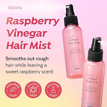 A'PIEU Raspberry Vinegar Hair Mist - Instant Hydration & Nourishing Spray for Smooth, Shiny, Frizz-Free Hair with Refreshing Floral Scent, Non-Sticky Finish. Korean Hair Care (3.55 fl oz)
