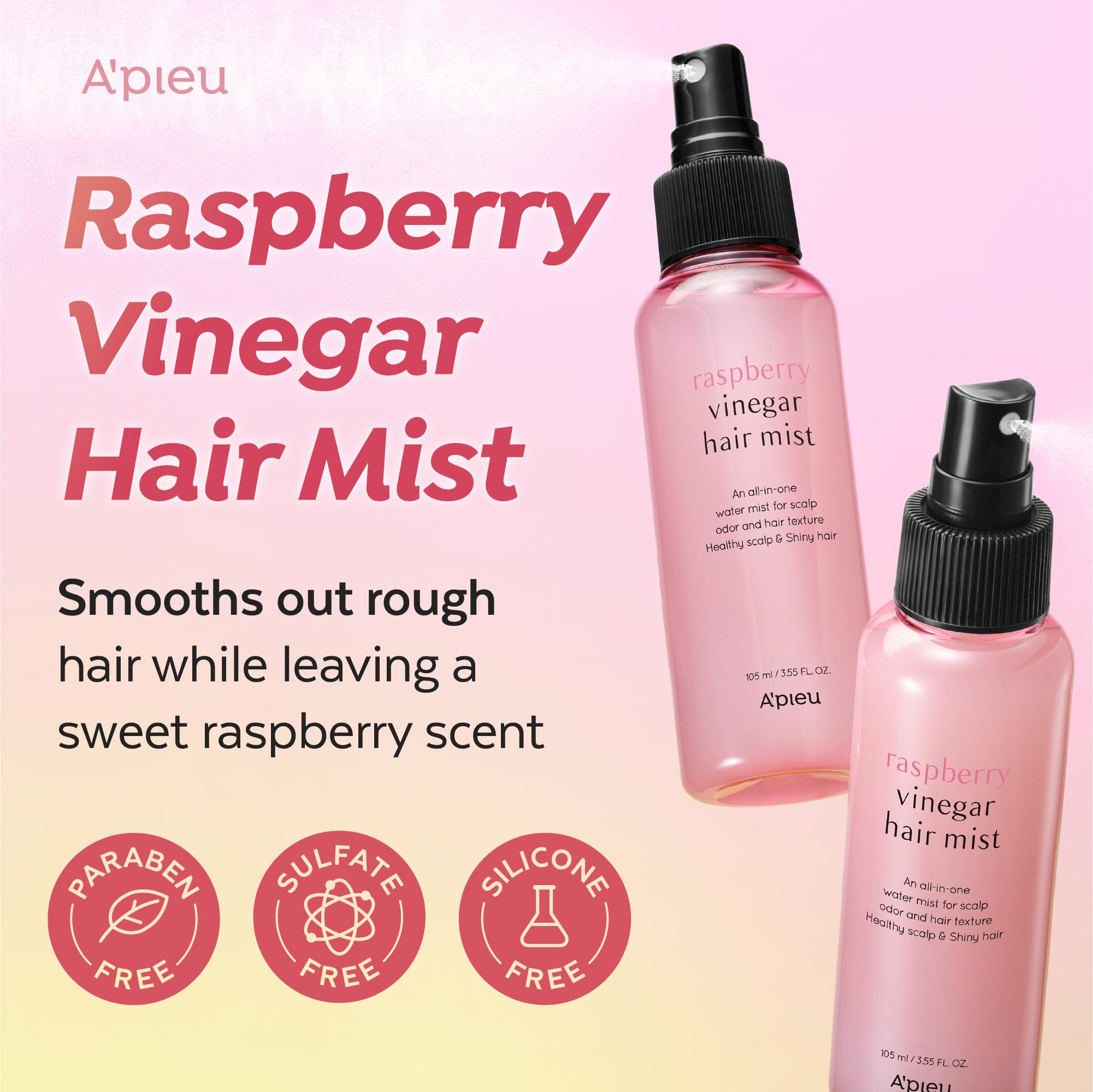 A'PIEU Brume capillaire au vinaigre framboise (105 ml) - Brume de soin des cheveux du cuir chevelu - Parfum capillaire sans frisottis - Parfum floral rafraîchissant toute la journée - Non collant