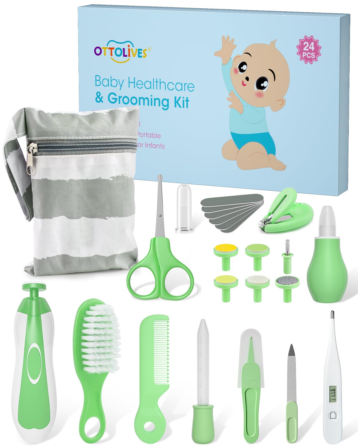 OTTOLIVES Baby Healthcare and Grooming Kit, 24 in 1 Baby Electric Nail Trimmer Set Newborn Nursery Health Care Set for Newborn Infant Toddlers Baby Boys Girls Kids (0-3 Years+) (Green)