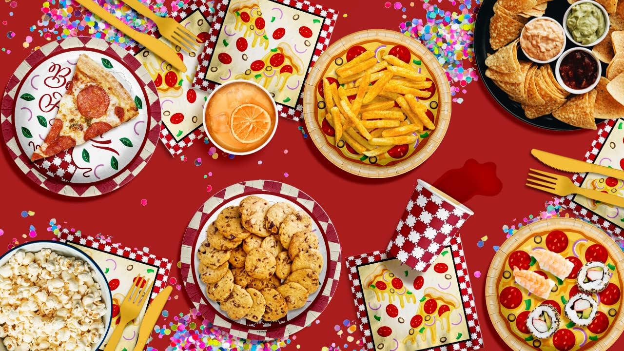 Pizza Birthday Party Supplies - 64 Piece Bon Appetit Disposable Tableware Set of Large 9" Dinner Plates and 8" Dessert Paper Plates Cups and Napkins - Kit 16 Guests