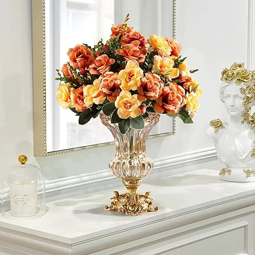 Miniatura 9 de Juego de flores artificiales en jarrón, jarrón de cristal dorado de estilo europeo retro con flores sintéticas naranjas, centro de mesa decorativo