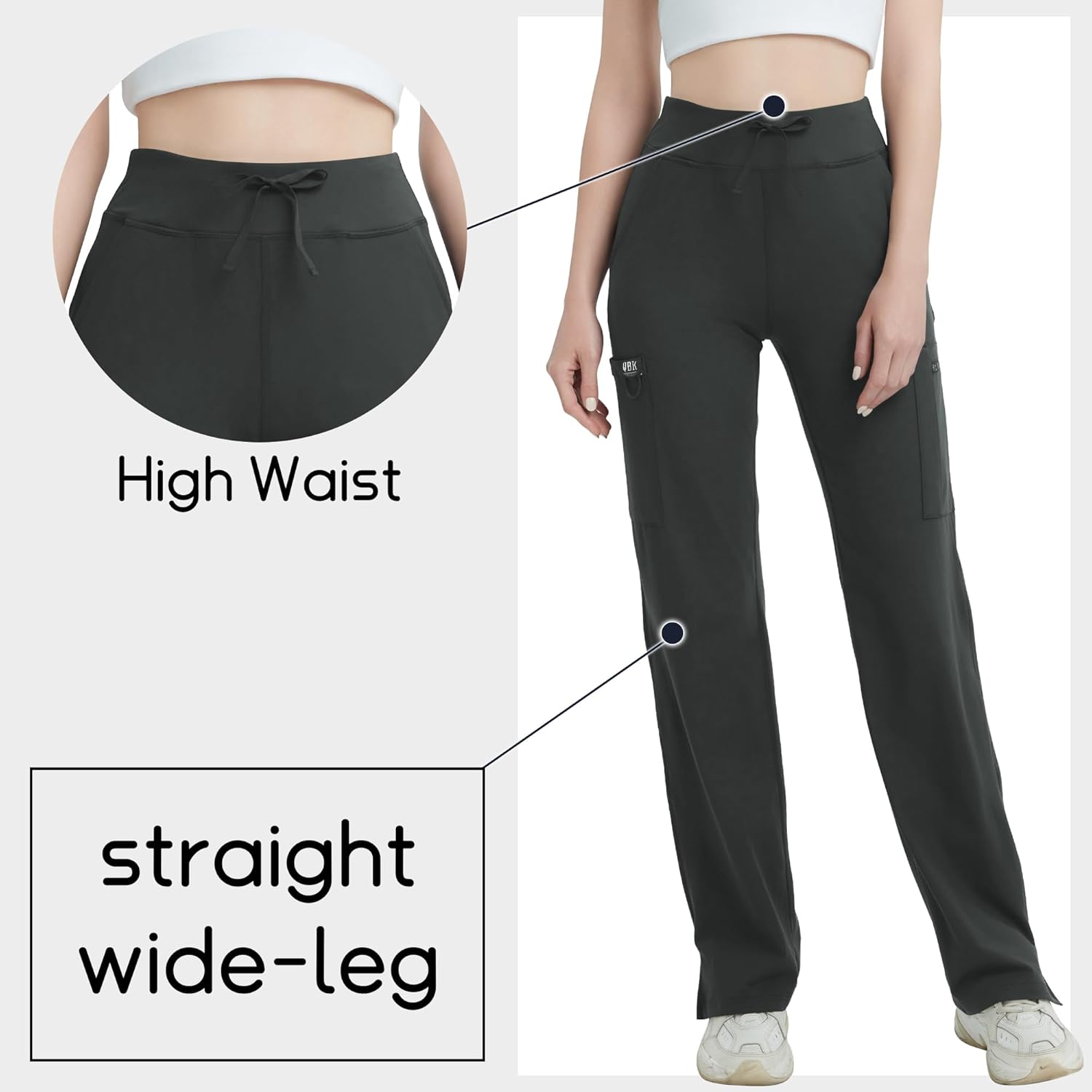 QBK High Rise Yoga Scrub Pants Women - Straight Wide Leg Uniform Pants with Cargo Pocket, Anti-Wrinkle & Knit Yoga Waistband - Image 3