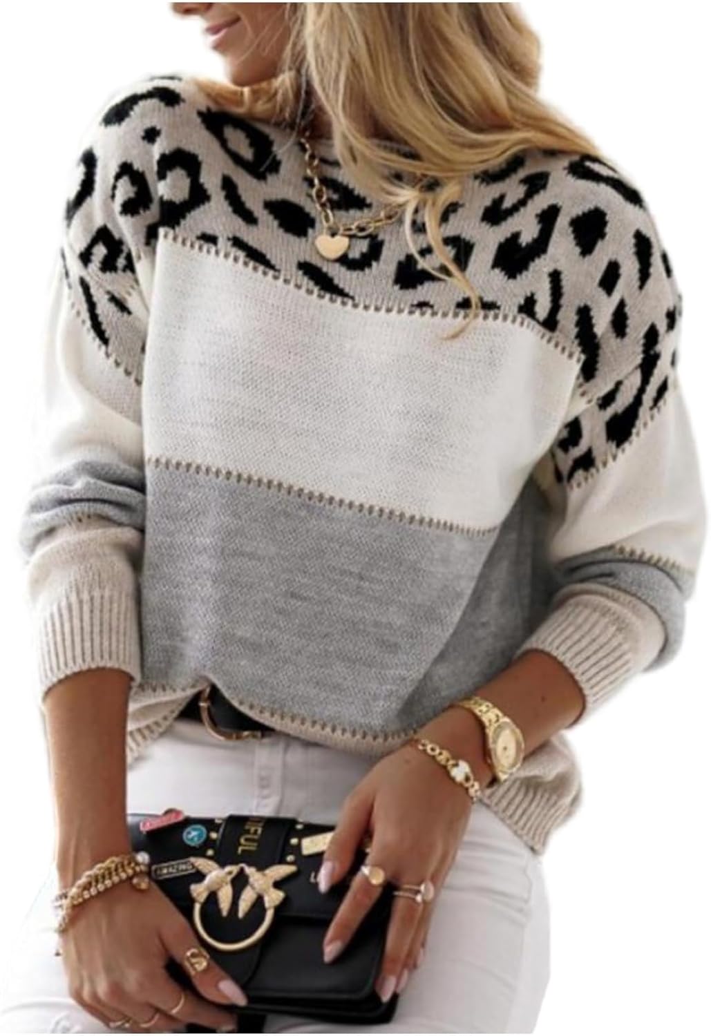 Women's Long Sleeve Color Block Crewneck Leopard Print Knitted Loose Pullover Sweaters