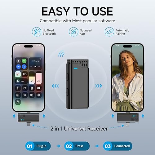 Miniatura 10 de Paquete de 2 micrófonos Lavalier inalámbricos profesionales para iPhone iPad (iPhone 14 e inferior), micrófonos de solapa Plug-Play Clip en el Todos