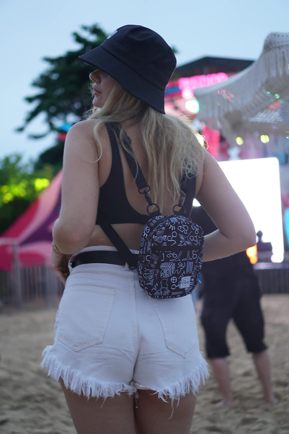 Vibe Festival Gear Small Crossbody Sling Bag for Women Men 5in1 Multi-Use from (rPET) Recycled Polyester Belt Bag Cross Body Backpack Fanny Pack Purse - Black & White Tribal - Image 3