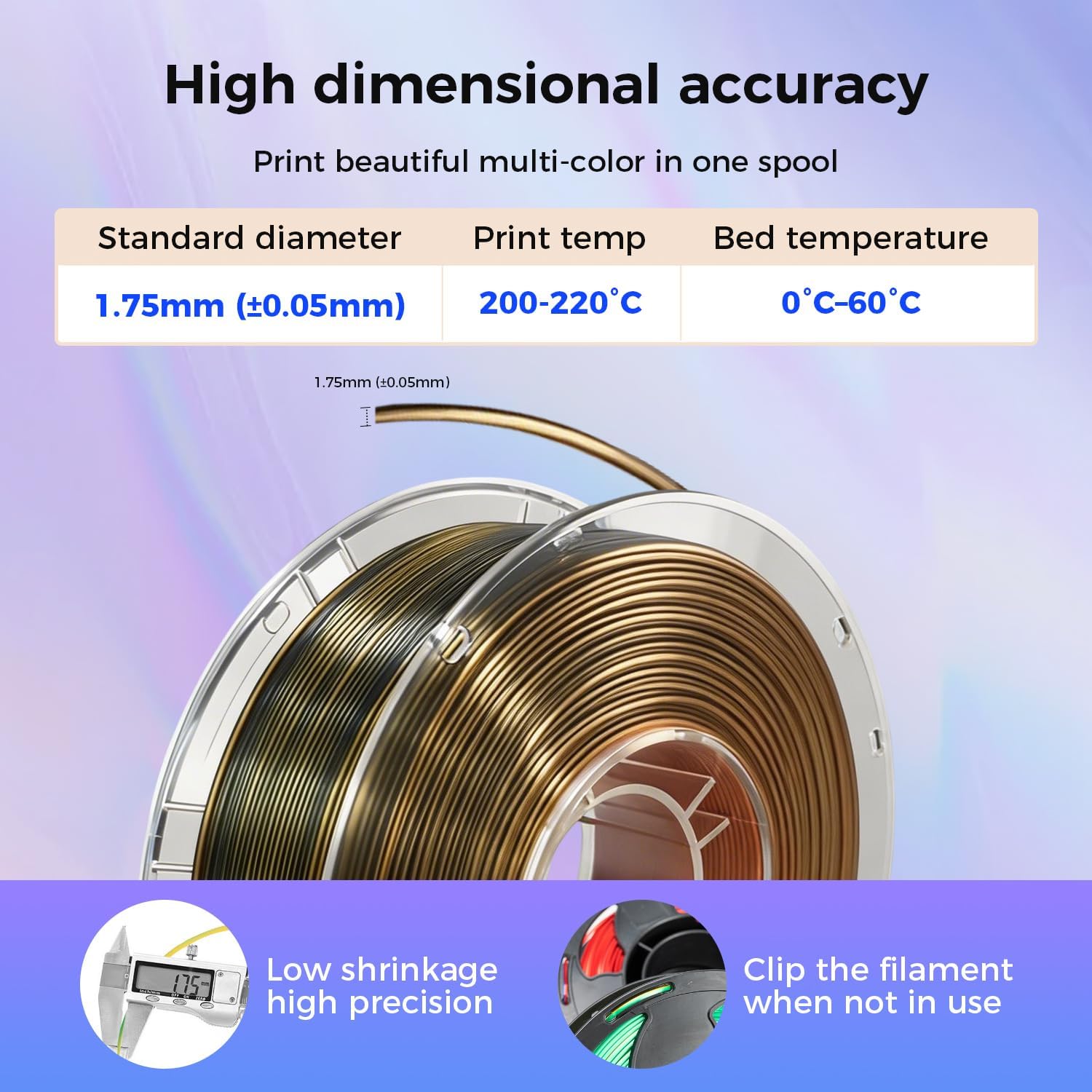 Silk PLA Double Color Filament 1.75mm 3D Printer Filament, Coextrusion Purple Gold Double-Color Metal-Like Shiny Silk PLA Filament, 1kg (2.2lbs) 1 Spool, Dimensional Accuracy +/- 0.02 mm PG