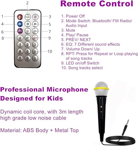 Miniatura 4 de Kidsonor Máquina de karaoke Bluetooth para niños con 2 micrófonos, control remoto inalámbrico recargable portátil, altavoz de karaoke para música,