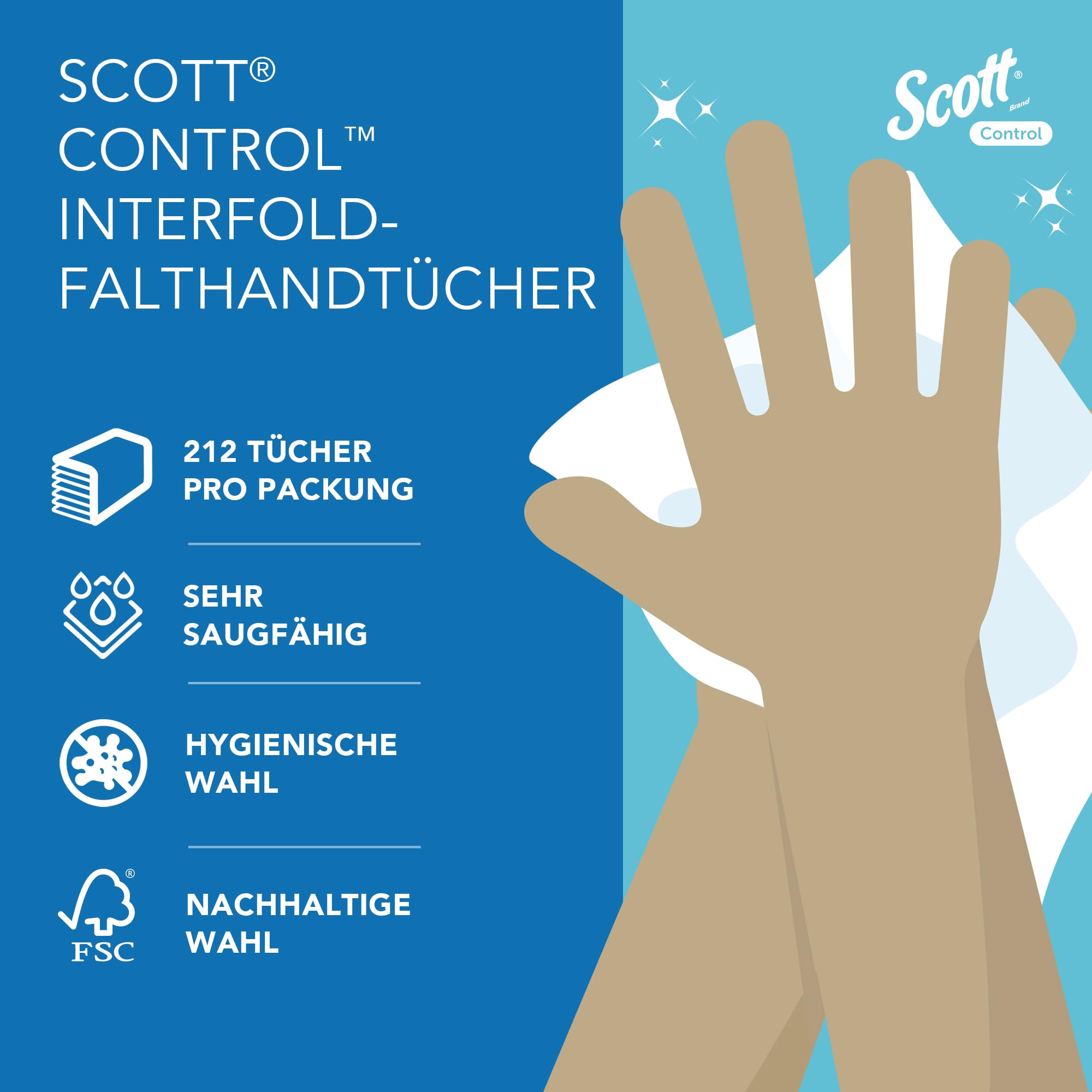 Scott® Control™ Papierhandtücher 6663, Einmal-Papierhandtücher mit Interfold-Faltung und M-Faltung, FSC-zertifiziert, für eine umweltbewusste Händehygiene, 15 Packungen x 212 Tücher (insg. 3.180)