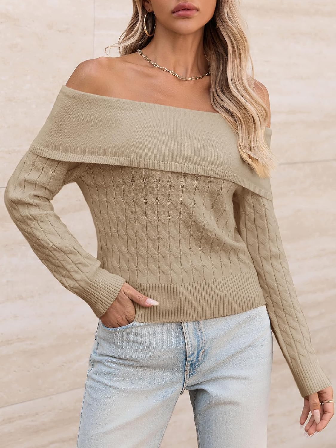 Saodimallsu Womens Off The Shoulder Sweaters Cable Knit Long Sleeve Sexy Fitted Fall Dressy Going Out Pullover Tops - Image 4