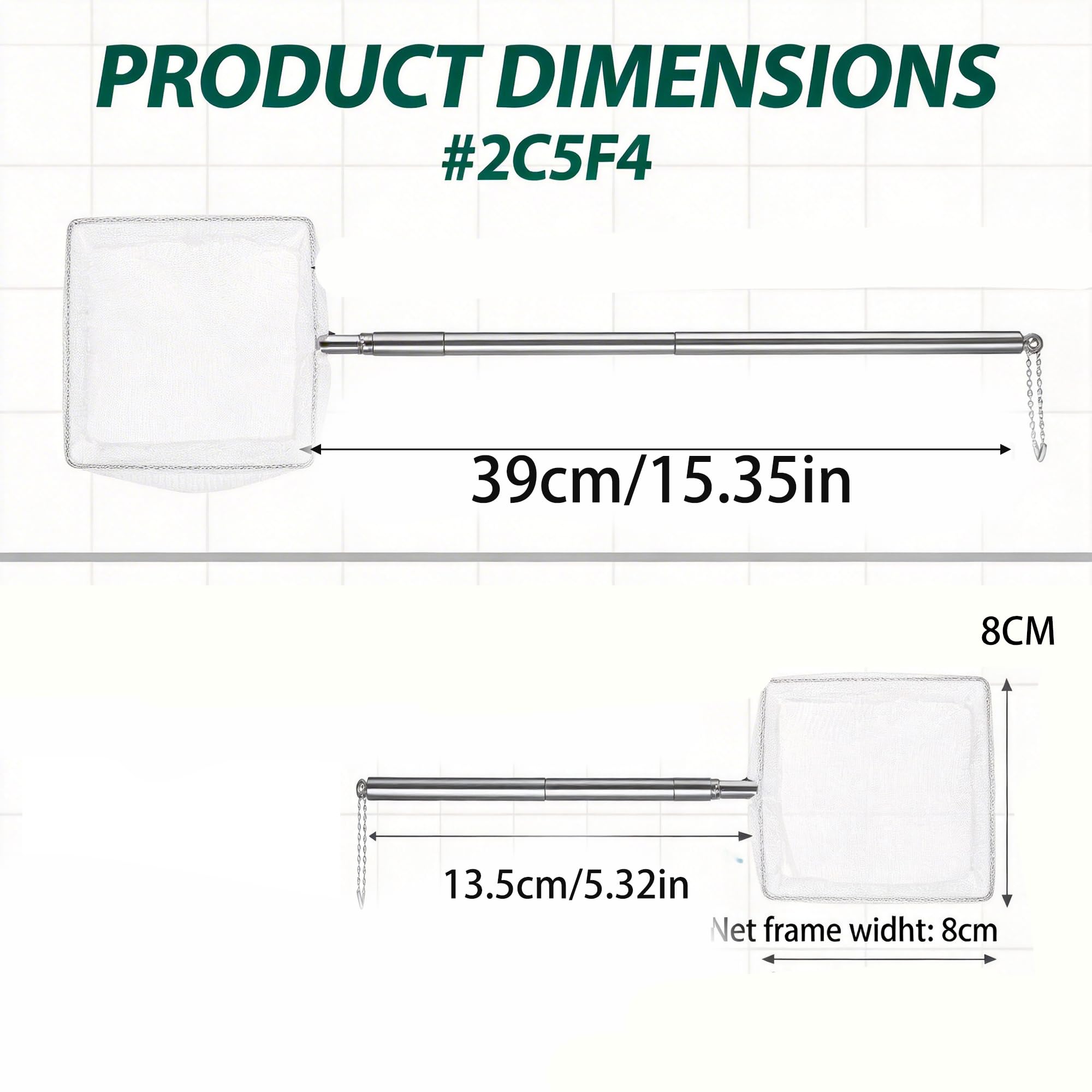 Paquet de 2 Filets de Pêche Extensibles pour Aquarium, Cadre Carré Blanc avec Manche en Acier Inoxydable Réglable (13,5cm-39cm)