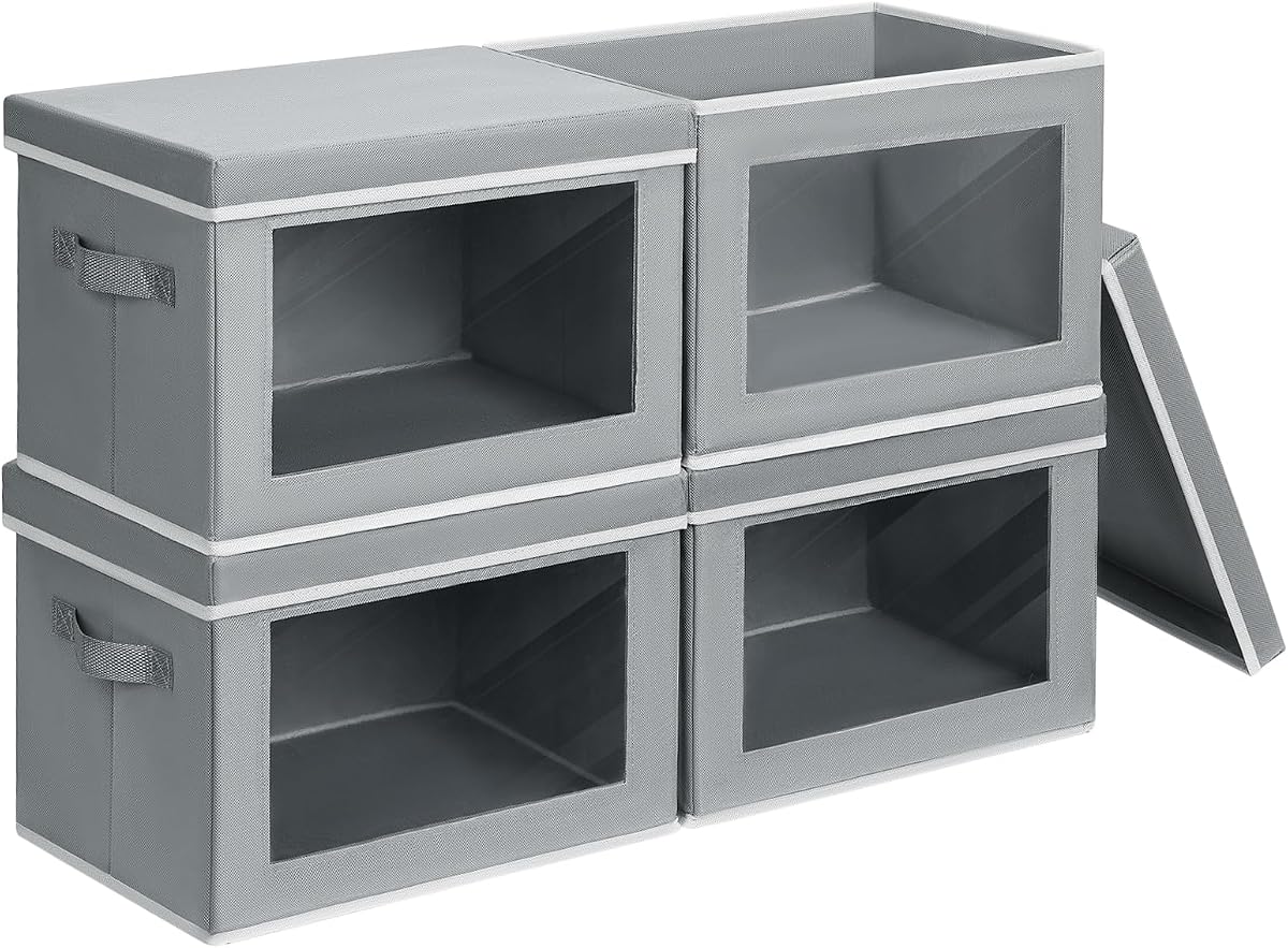 Contenedores de almacenamiento con tapas – Contenedores de almacenamiento de tela con ventana, cestas plegables para estantes, paquete de 4, cajas decorativas para el hogar para ropa, armario, oficina, gris