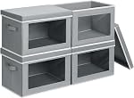 DIMJ Fabric Storage Box with Lid - 4 Pack Stackable Large Closet Storage Bins with Lid & Clear Window for Clothes, Foldable Decorative Basket Organizer Living Room,Bedroom,Office, (Ant-Grey)