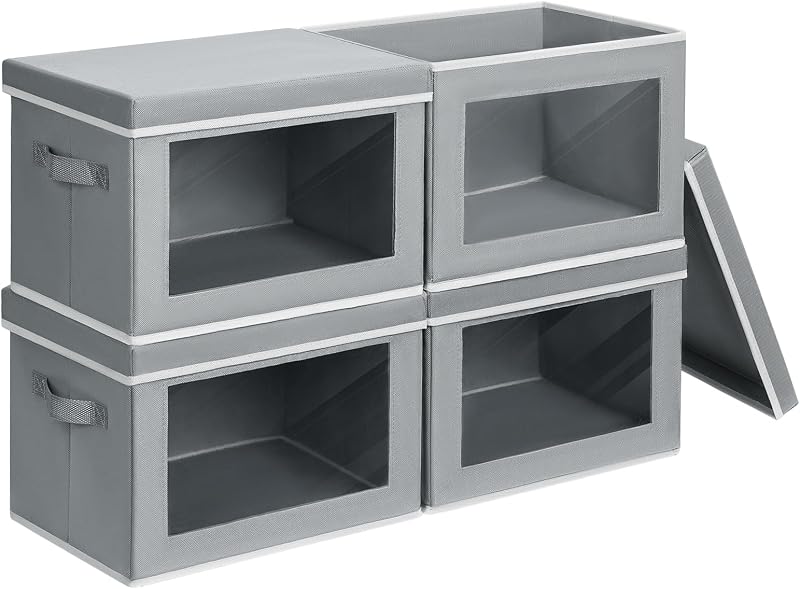 Contenedores de almacenamiento con tapas – Contenedores de almacenamiento de tela con ventana, cestas plegables para estantes, paquete de 4, cajas decorativas para el hogar para ropa, armario, oficina, gris