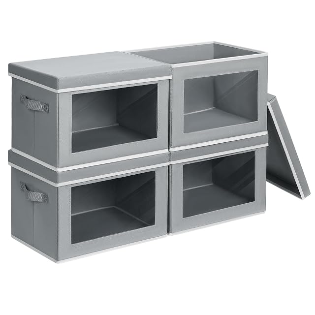 Storage Bins with Lids - Fabric Closet Storage Bins with Window Collapsible Baskets for Shelves 4 Pack Home