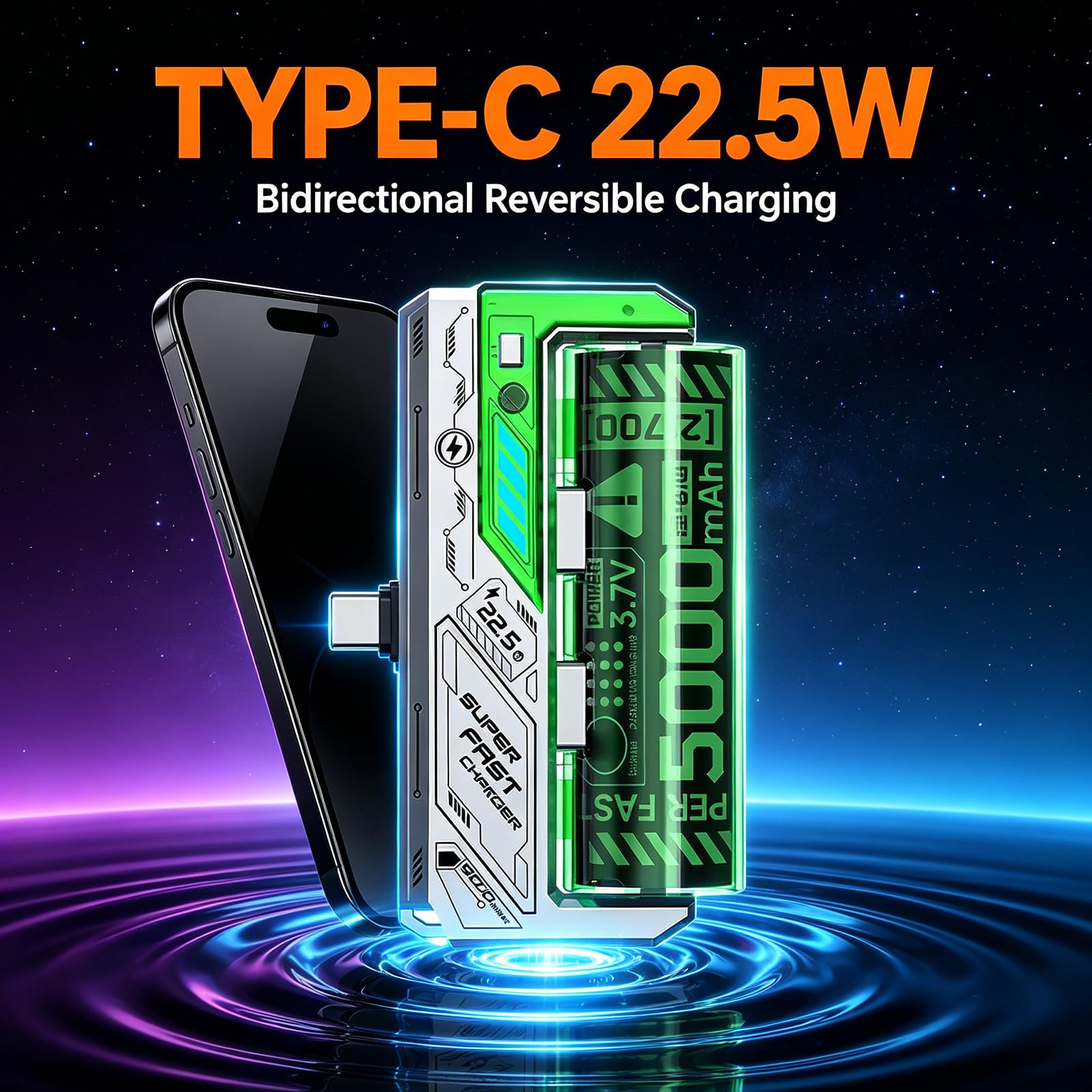 MURYE Fast Charges - Batteria sostituibile da 22,5 W, 5000 mAh, facile da trasportare, ideale per emergenze e viaggi, dispositivo di trasporto facile con batteria rimovibile