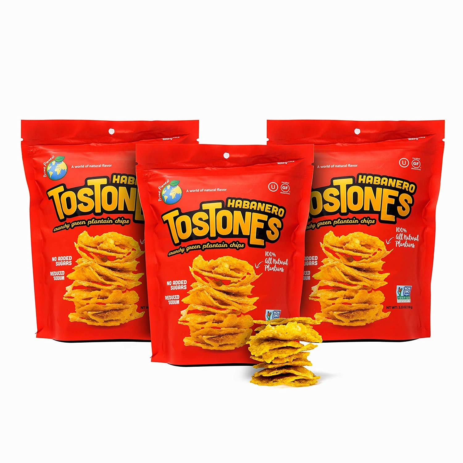 TOSTONES, Green Plantains, Re-Sealable Bag, Crunchy chips, Plantains, Palm Oil and Salt, 3.53 Oz per Unit, HABANERO Flavored, 3 Pack,