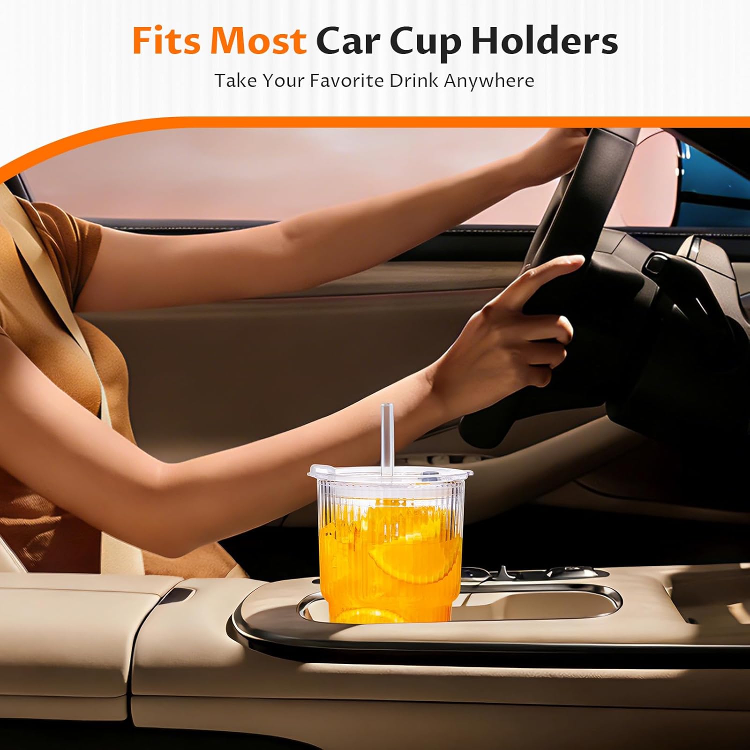 20oz Glass Tumblers with Straws and Lids 2 Pack, Ribbed Glass Cups, Leak Resistant Iced Coffee Cups, Thick Reusable Drinking Glasses, Fits Car Cup Holder, Clear Travel Coffee Cups