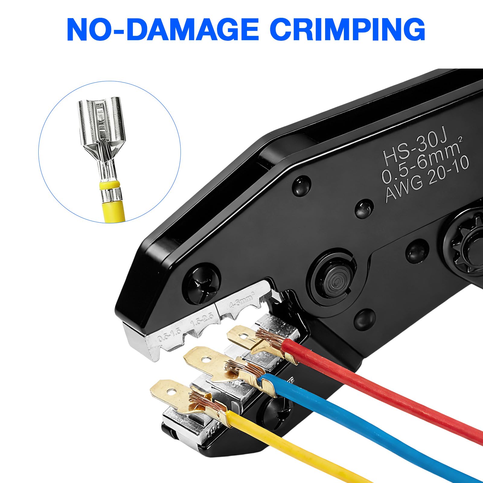 Juego de alicates de crimpado de trinquete con 6 inserciones intercambiables, alicates de crimpado de carga pesada para conectores termocontraíbles, cables aislados/sin aislamiento, férulas