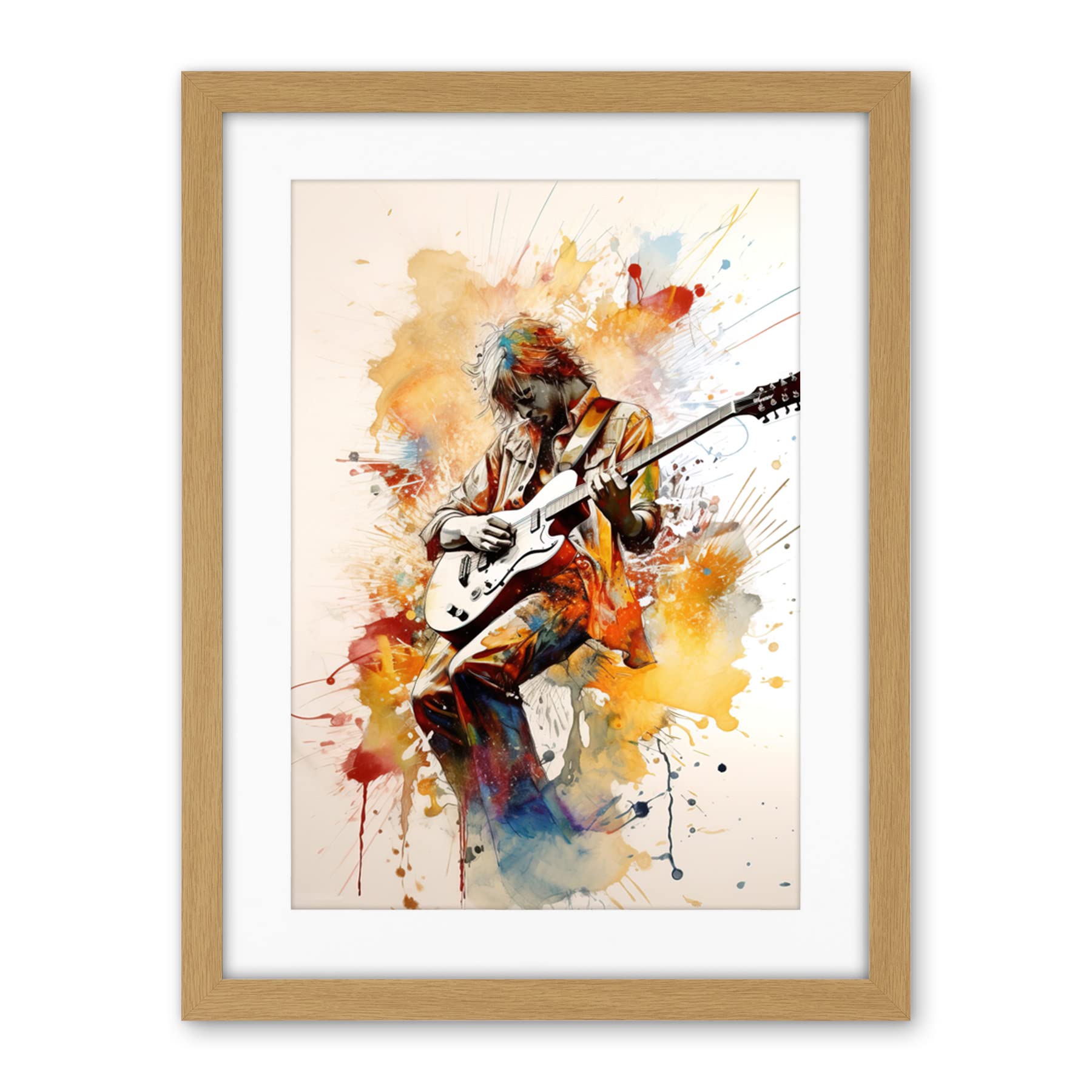 Artery8 Guitarist Musician Playing Solo on Electric Guitar Modern Watercolour Illustration Artwork Framed Wall Art Print 18X24 Inch