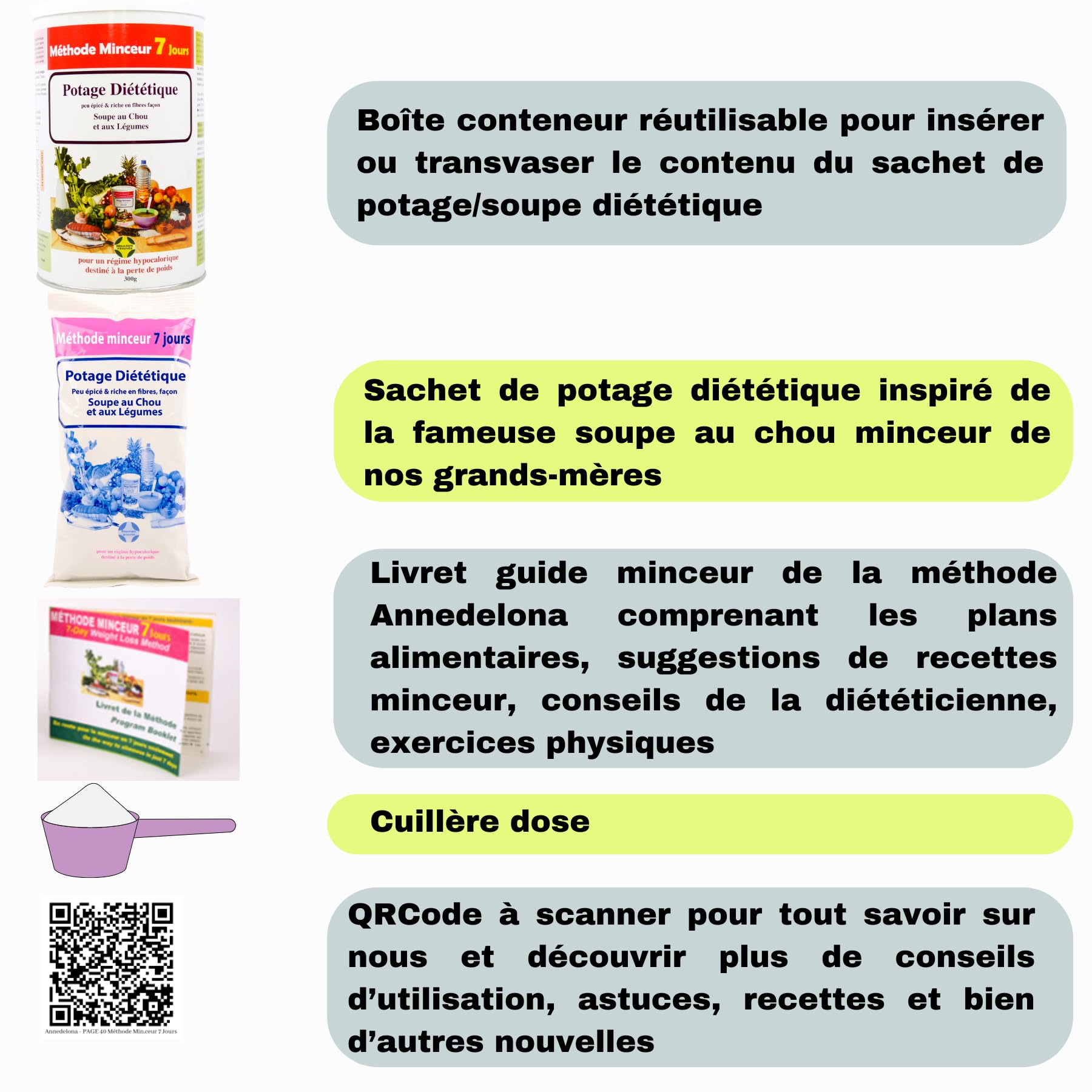 56 Soupes au Chou et Maté vert. Perte de Poids. Affiner sa Silhouette. Éliminer les Toxines. Boîte Conteneur. Protéines, Fibres, Sans Graisse, Réduit l’Appétit, Digestion, Énergie. Annedelona
