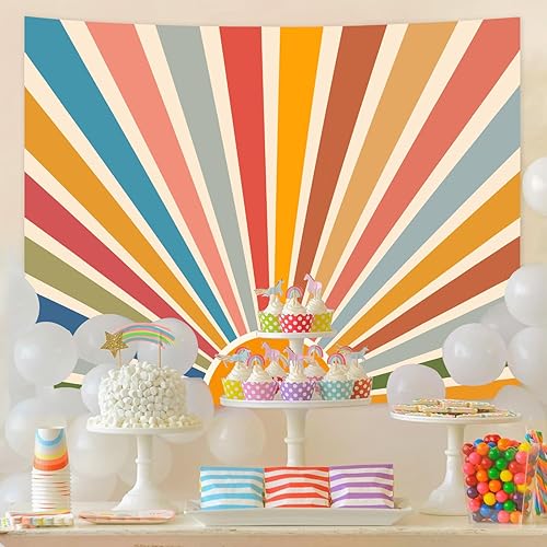 Miniatura 3 de Kanuyee Tapiz bohemio para colgar en la pared, diseño retro de los años 70, abstracto, vintage, geométrico, arco iris, amanecer, para dormitorio,