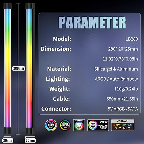 Miniatura 7 de upHere Tira de LED ARGB de acrílico para PC con cabezal LED ARGB de 5 V y 3 pines y adaptador SATA, para fusión Gigabyte RGB, sincronización de luz