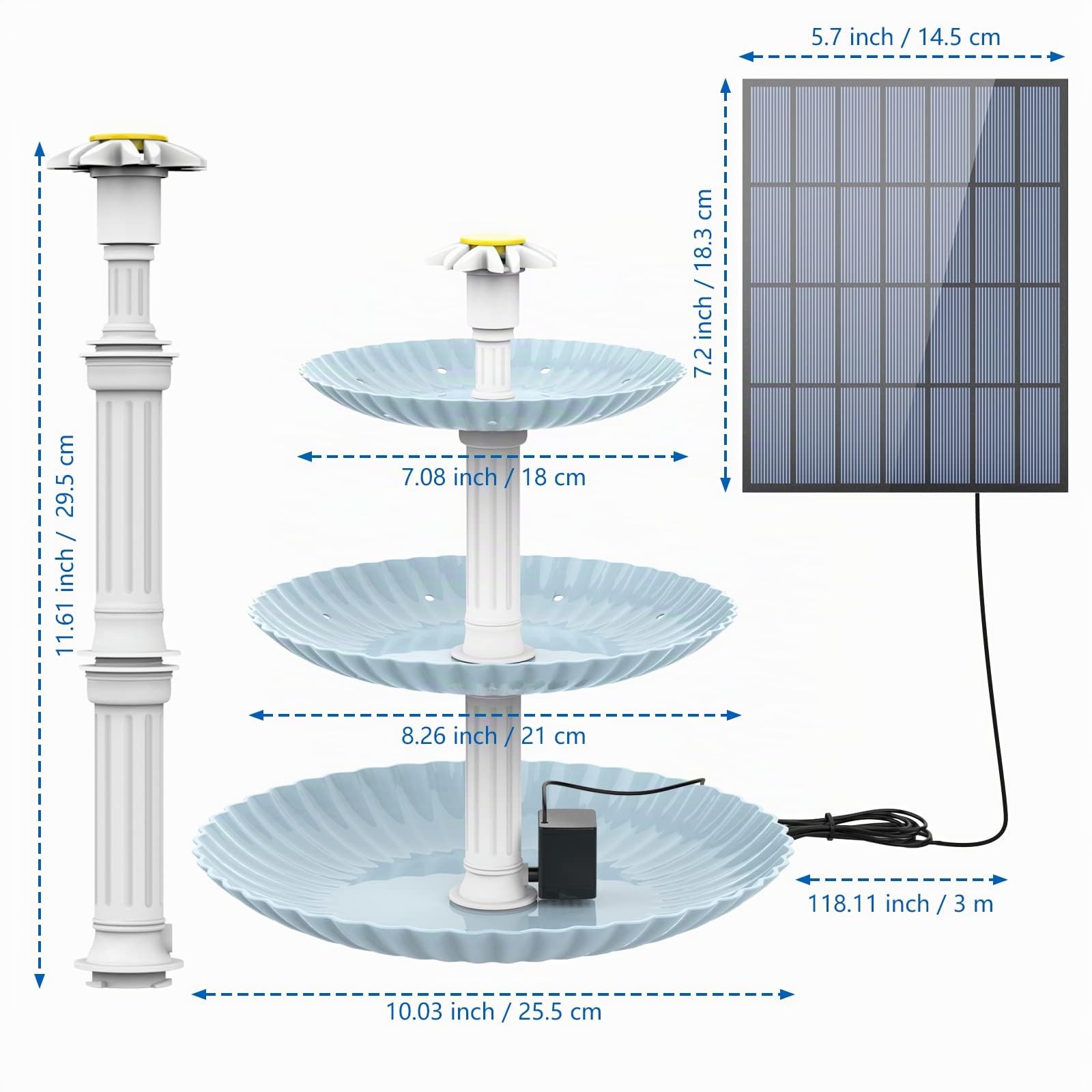 AISITIN Kit de 3,5W Fontaine Solaire pour Bain d'oiseau, Fontaine Cascade Solaire Détachable pour Les Bains d'oiseaux, Les Bols d'eau, Mangeoire pour Oiseaux d'extérieur(Blue)