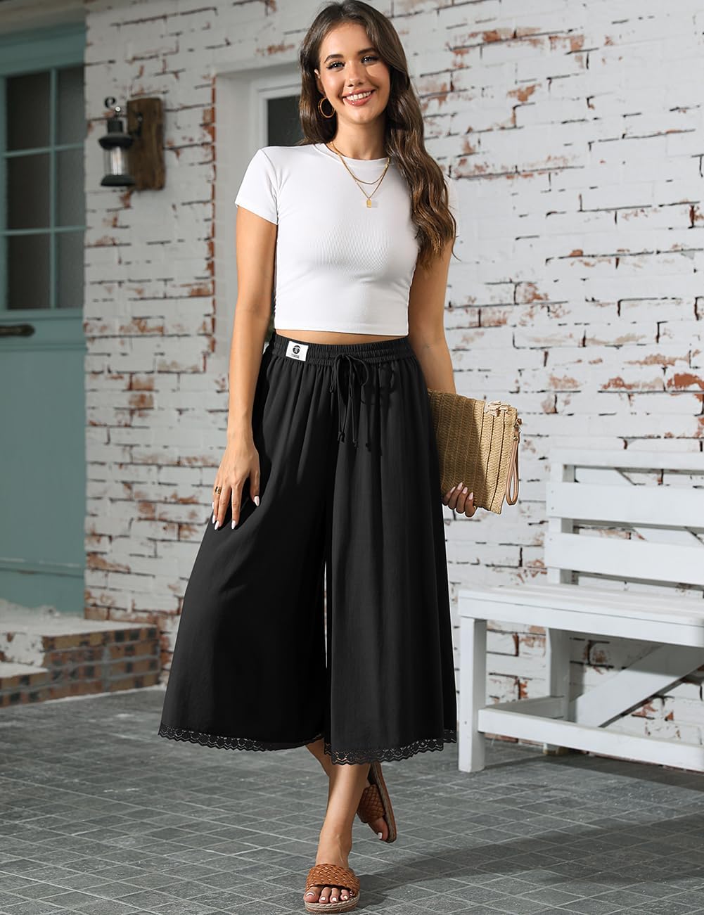 TARSE Women's Linen Culottes Wide Leg Flowy Capri Pants Palazzo Casual Drawstring Summer Loose Lace Capris with Pockets - Image 5