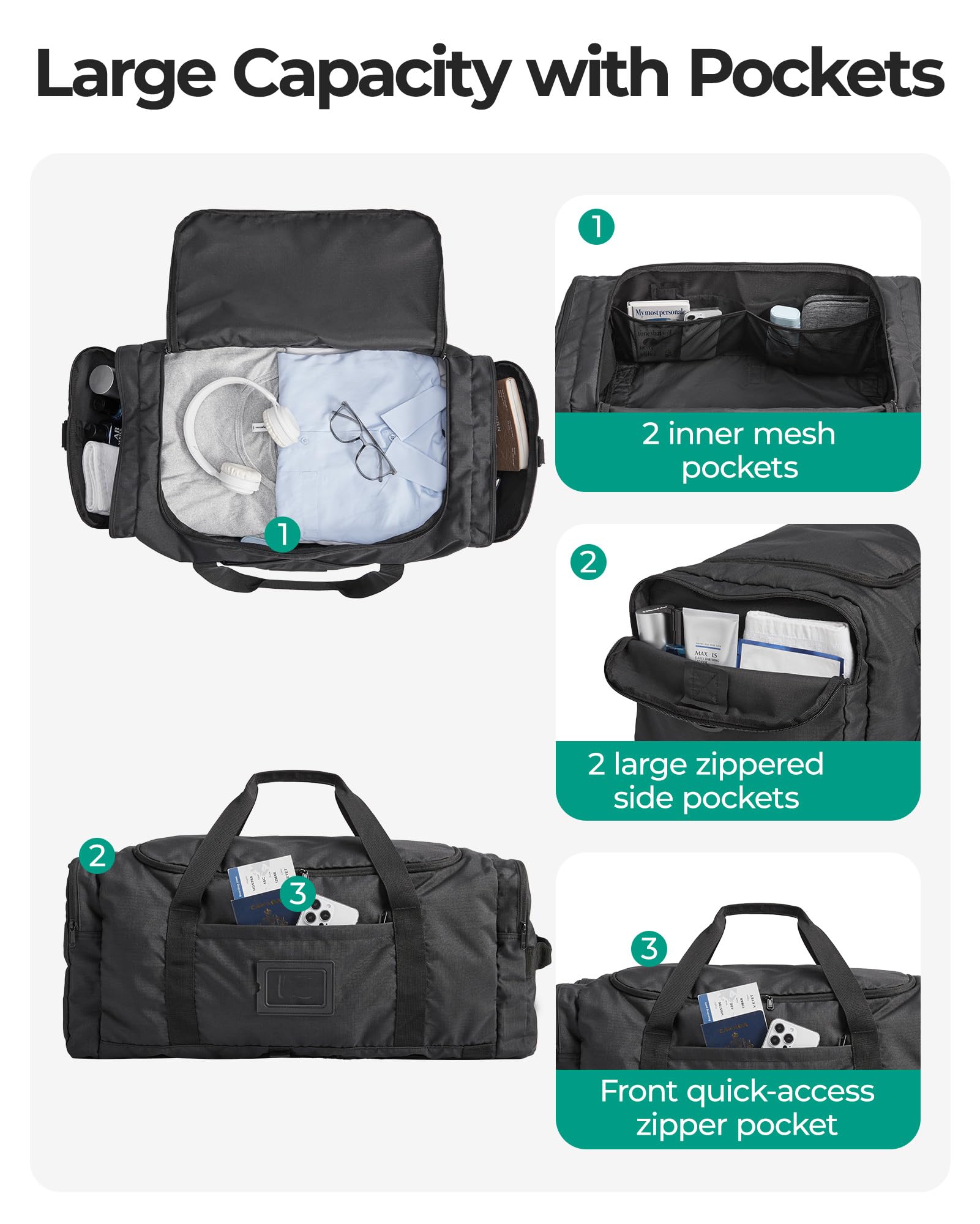 BAGSMART Faltbare Reisetasche Große, 60L Leicht 4 in 1 Reisetaschen Herren Damen Sporttasche Weekender Travel Bag Reise-Rucksack Handgepäck Duffle Bag, Schwarz