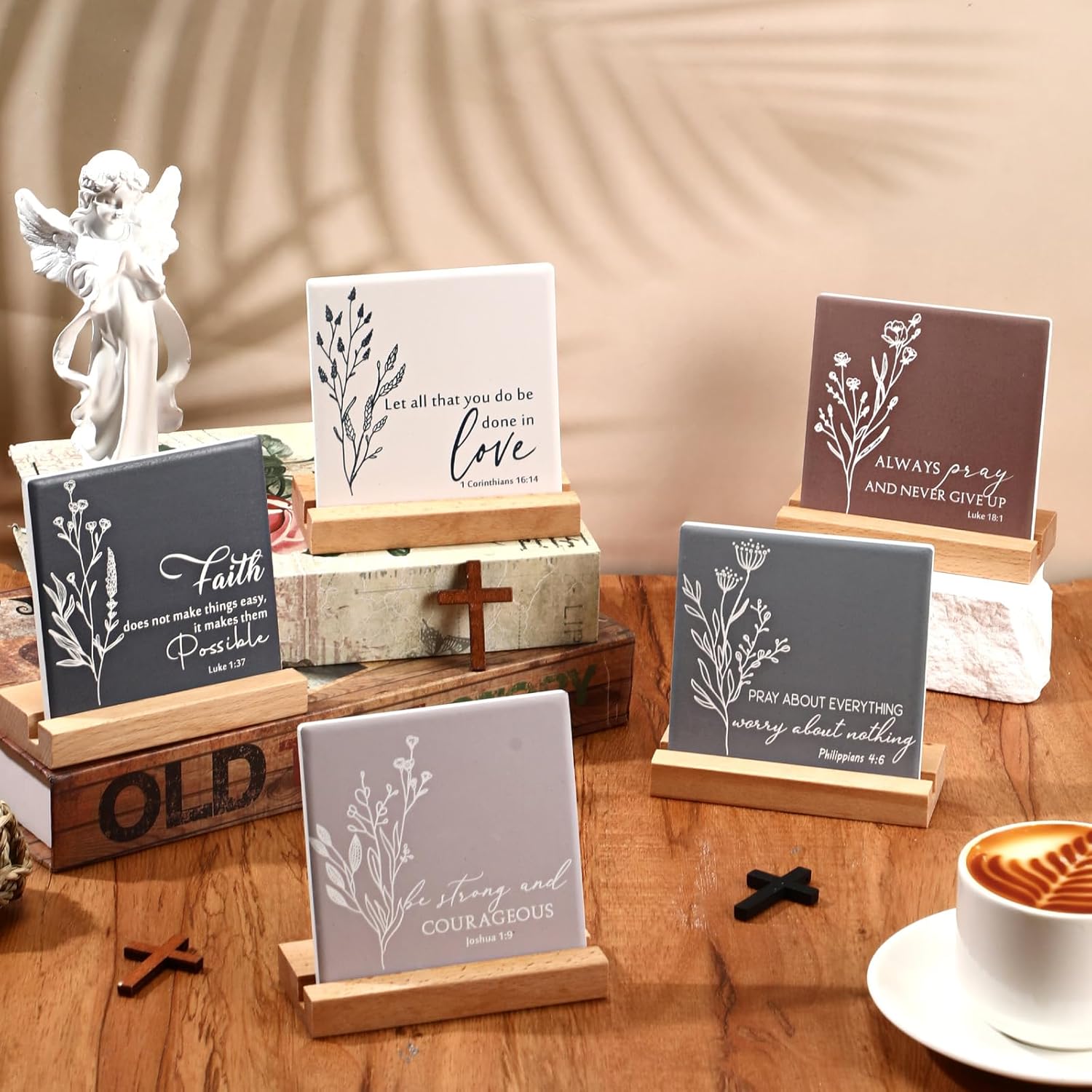 Roowest 10 Pcs Christian Gift for Mom Bible Verse Desk Decor Religious Ceramic Table Plaque Sign with Wood Stand for Women Men Mothers Day Church Graduation Party Favor(English)