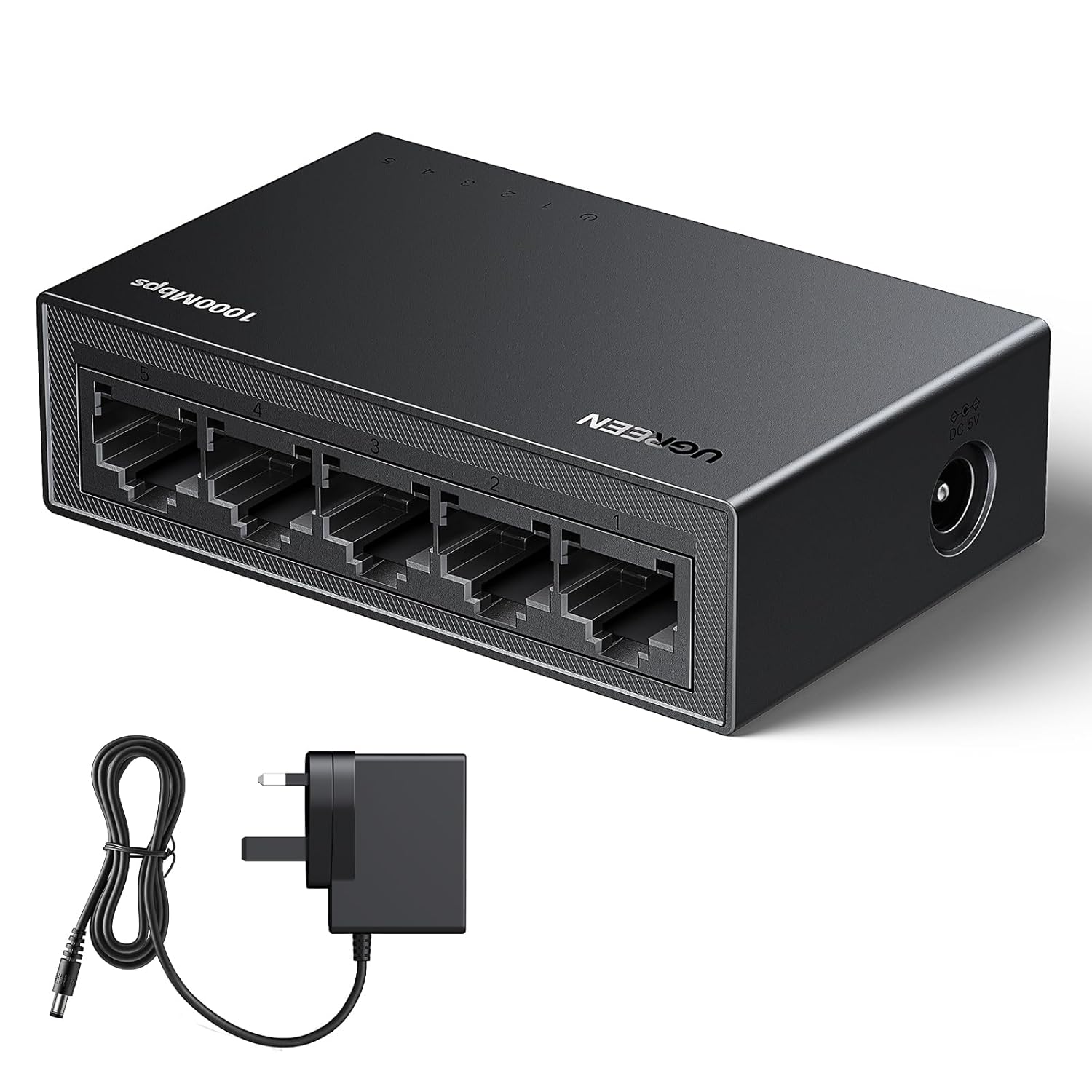 Top-down view of the UGREEN 5-Port Gigabit Ethernet Network Switch with its power adapter.