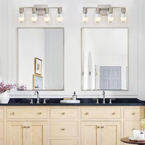 Miniatura 4 de Lámpara de tocador de baño de 4 luces de níquel cepillado para baño, moderno aplique de pared de 4 luces con pantalla de vidrio transparente para