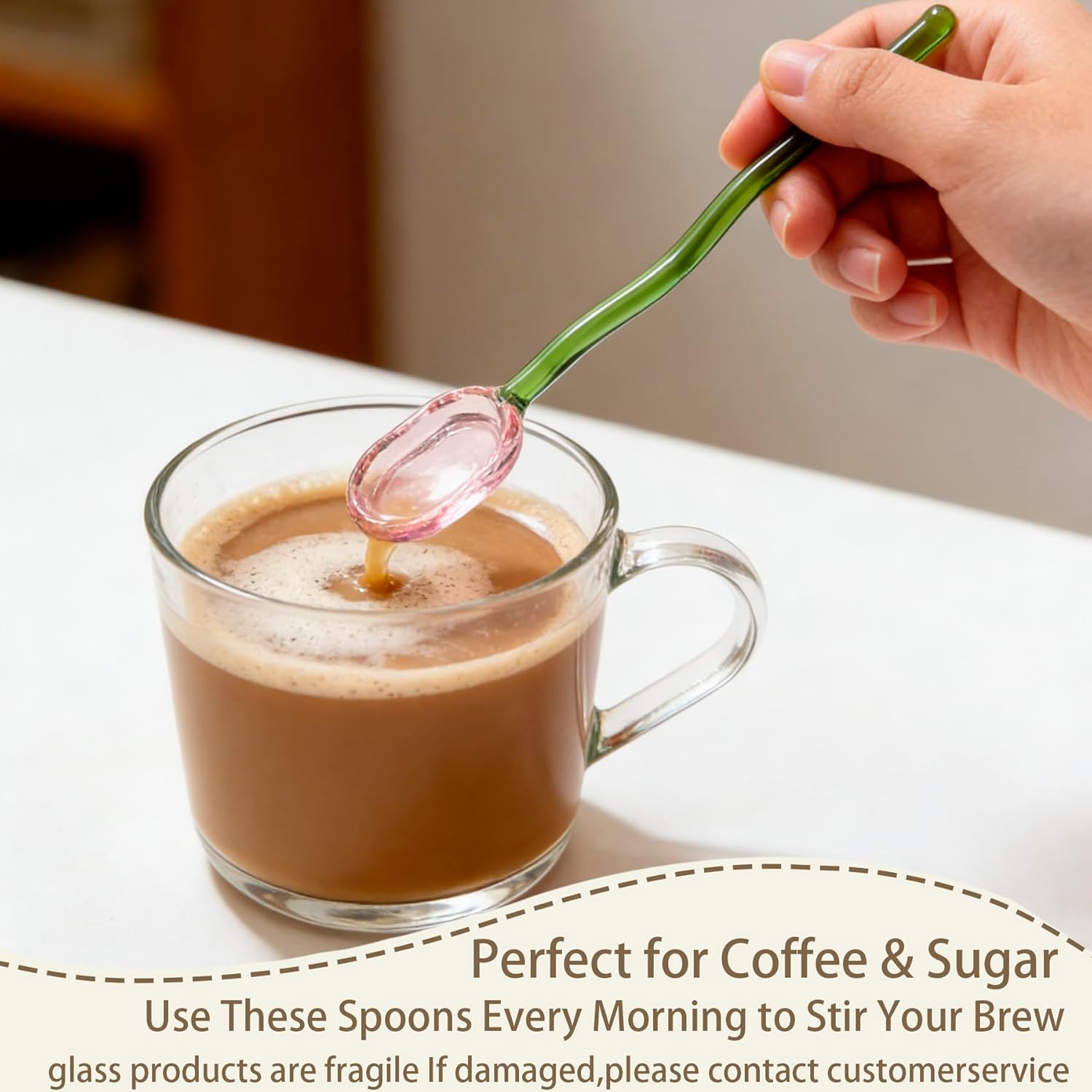 4Pcs Colorful Clear Curved Glass Coffee Stirring Spoons (6.3") - Artful Mixing Stick for Cocktails, Tea, Sugar, Milkshake,Salt & Desserts-Durable Kitchen Tool Different Cute Colors - Image 4