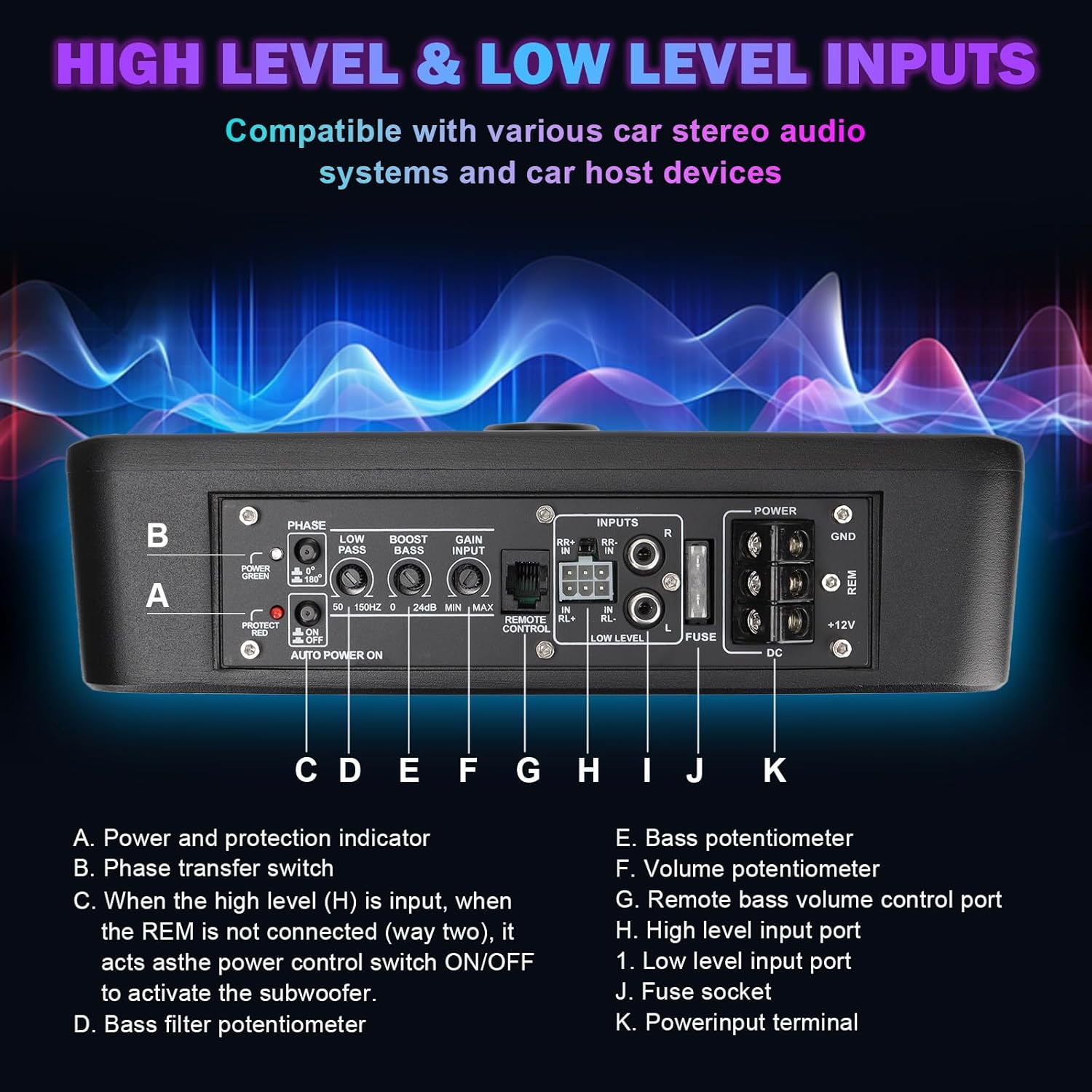 10" 1000W Slim Under seat Car Subwoofer with RGB LED Lighting Powered Subwoofer Amplifier for Trucks, SUVs, Jeeps, MPVs with APP (RGB Light)