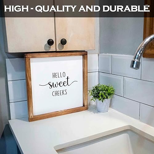 Miniatura 4 de Letrero de baño con texto en inglés “Hello Sweet Cheeks” enmarcado, 12 x 12 pulgadas, decoración de madera estilo casa de campo, letrero de baño