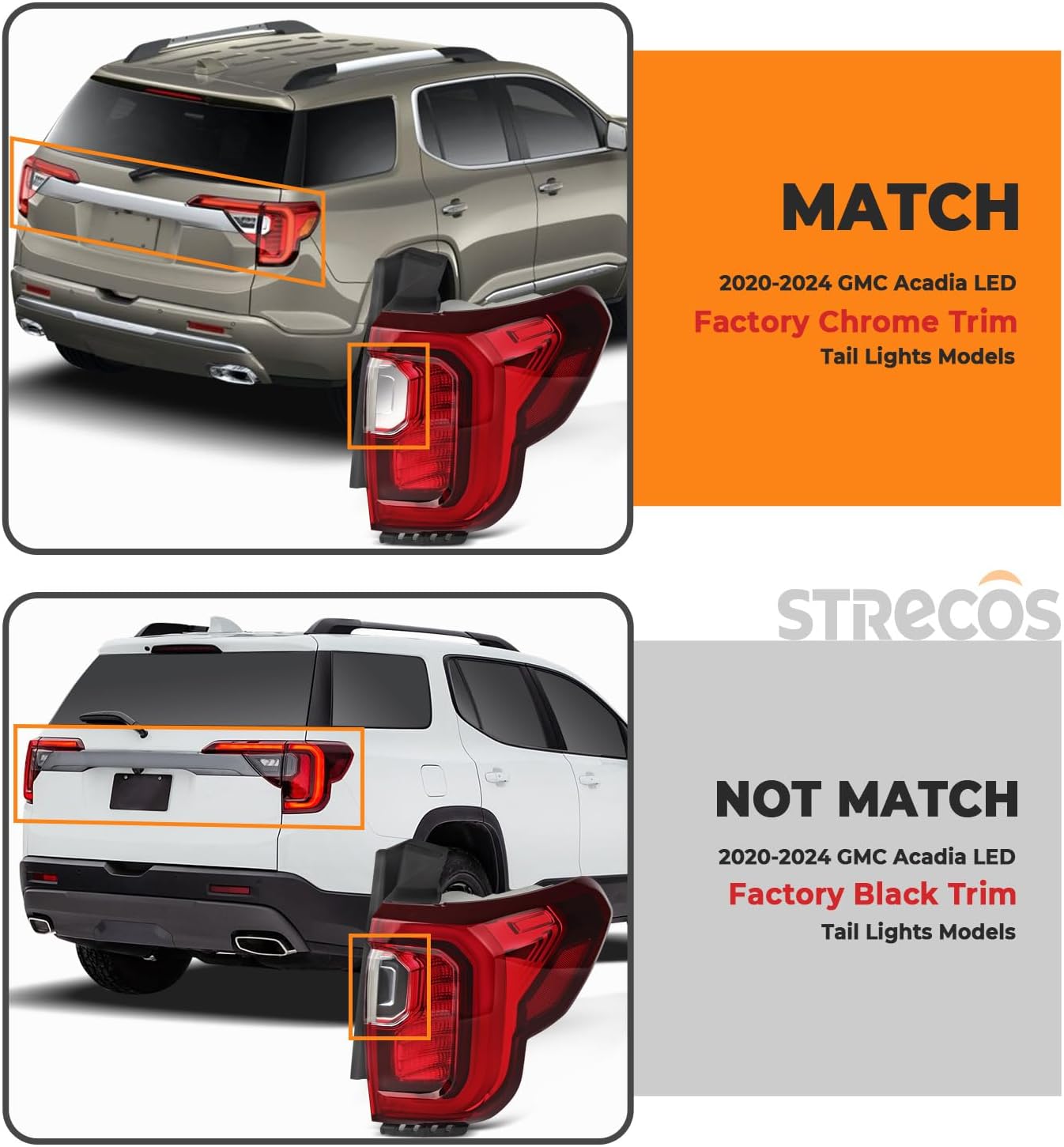 LED Tail Light Compatible with 2020 2021 2022 2023 GMC Acadia Denali SL SLE SLT Outer Taillight Chrome Bezel Rear Driving Brake Lights Assembly Replace OEM#85150720 GM2801316 (Right Passenger Side)