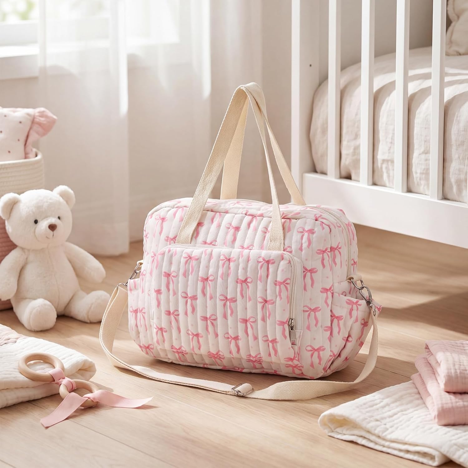 Tallew Small Diaper Bag Tote Pink Bow Quilted Crossbody Diaper Bag with Pockets Lightweight Nylon Travel Purse for Mom and Dad