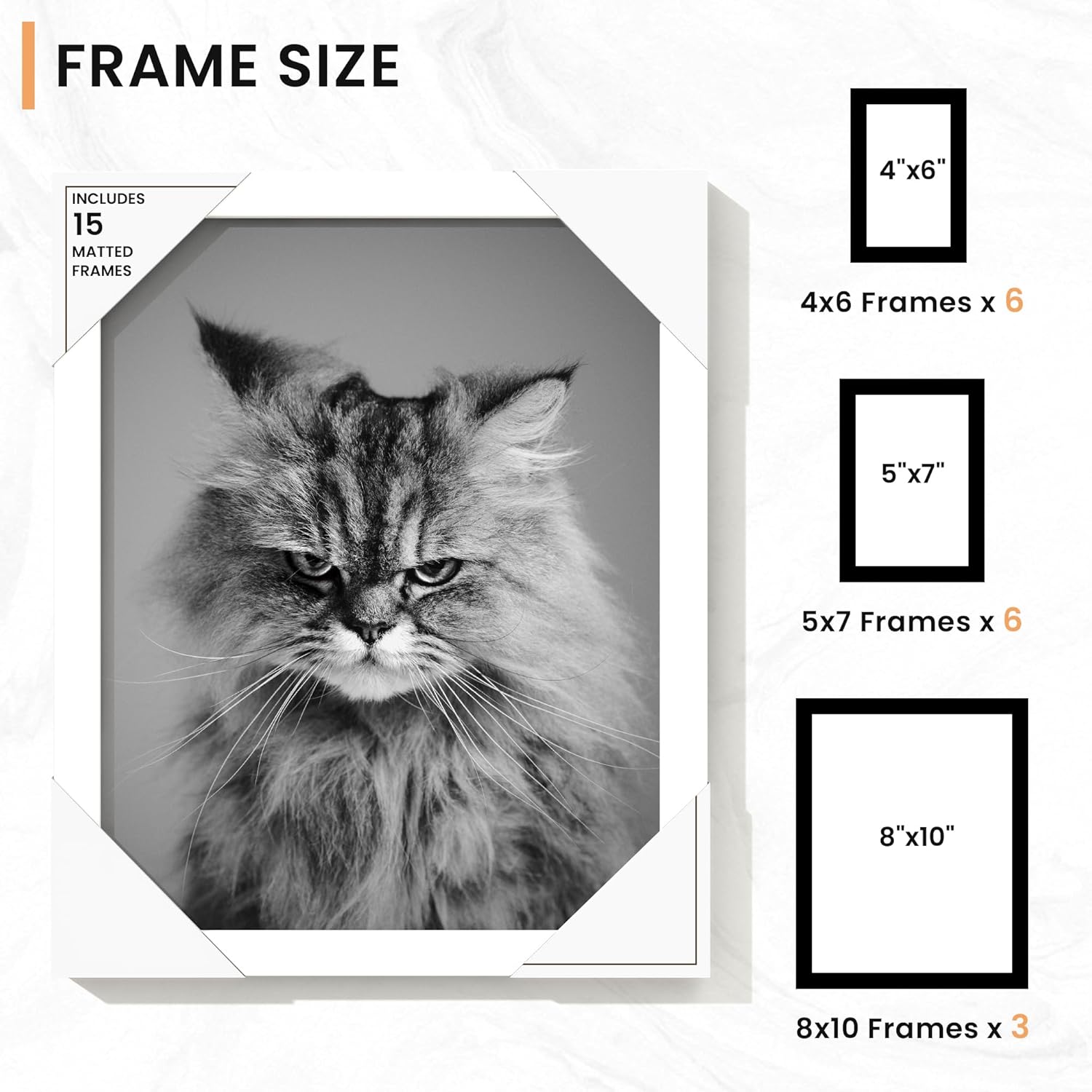 15 Pack Picture Frames Collage Wall Decor, Gallery Frame Set for Wall Mounting or Tabletop Display, Multi Sizes Including 3pcs 8x10, 6pcs 5x7, 6pcs 4x6, White - Image 3