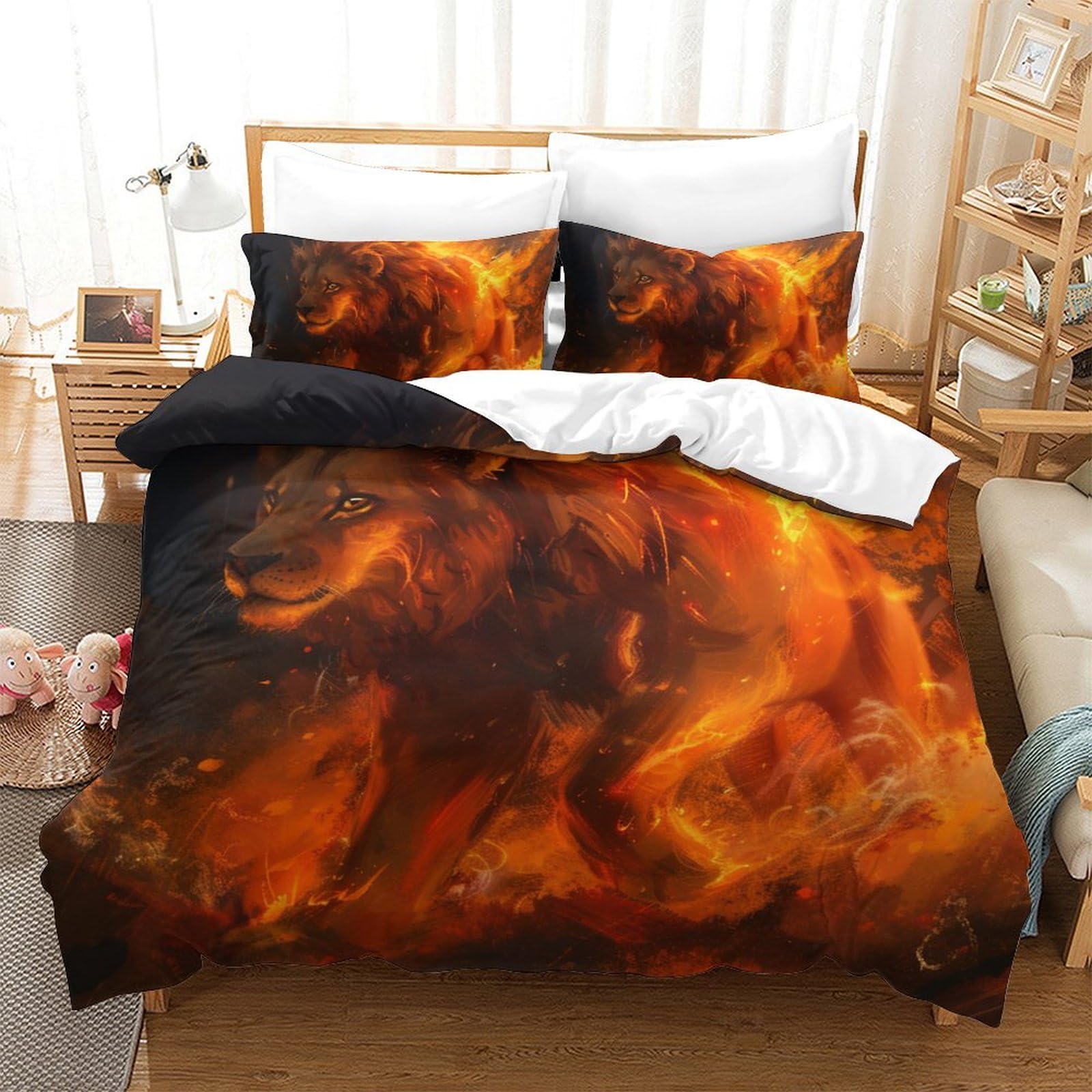 Housse de couette lion anti-plis et respirante parure de lit 220x240 pratique