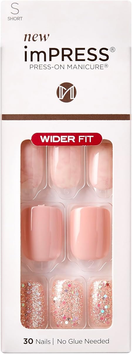 Kiss Impress No Glue Mani Press On Nails, Wide, 'Just a Dream', Pink, Short Size, Squoval Shape, Includes 30 Nails, Prep Pad, Instructions Sheet, 1 Manicure Stick, 1 Mini File
