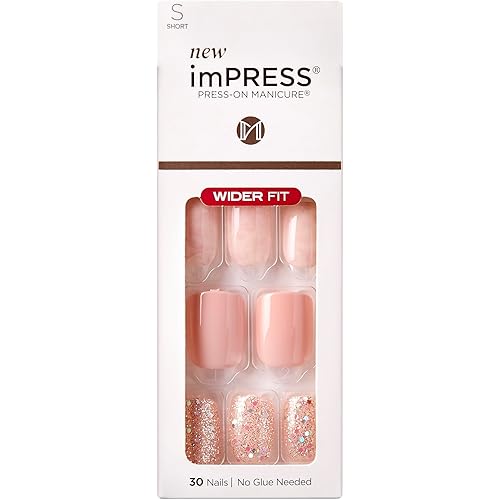 Kiss Impress No Glue Mani Press On Nails, Wide, 'Just a Dream', Pink, Short Size, Squoval Shape, Includes 30 Nails, Prep Pad, Instructions Sheet, 1 Manicure Stick, 1 Mini File