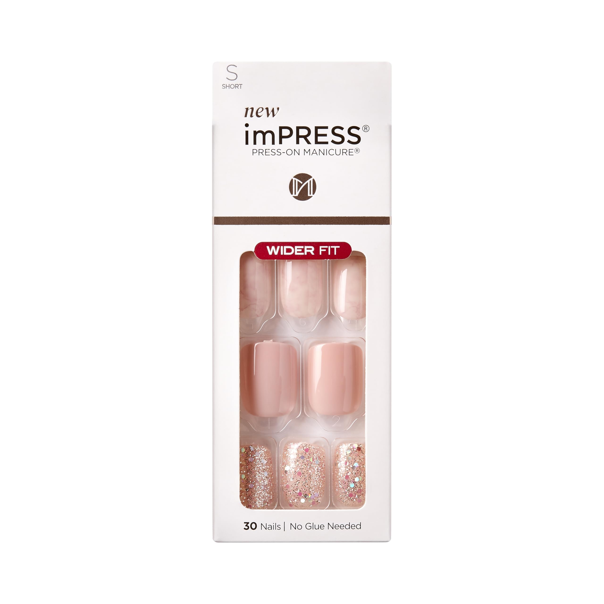 Kiss Impress No Glue Mani Press On Nails, Wide, 'Just a Dream', Pink, Short Size, Squoval Shape, Includes 30 Nails, Prep Pad, Instructions Sheet, 1 Manicure Stick, 1 Mini File