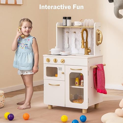 Miniatura 6 de INFANS Juego de cocina para niños, juego de cocina de madera para niños pequeños con estufa de teléfono, gabinete de almacenamiento de microondas,