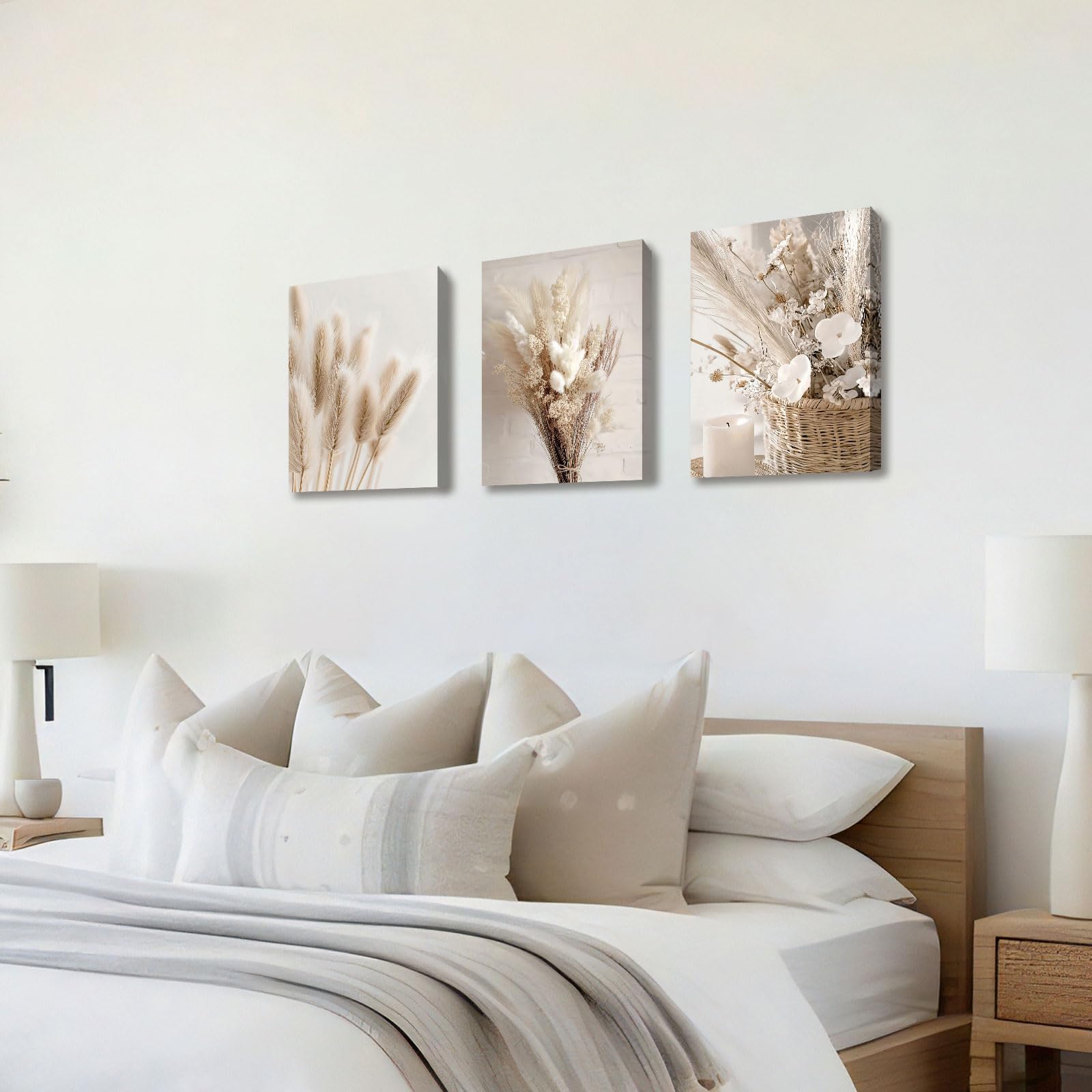 3 Pcs Wooden Framed Canvas Wall Art Canvas Prints Boho Beige Pampas Grass Painting Nordic Flower Sage Dried Grass Plants Pictures for Living Room Bedroom Bathroom Hallway Wall Decor 30x40 cm x3pcs - Image 3